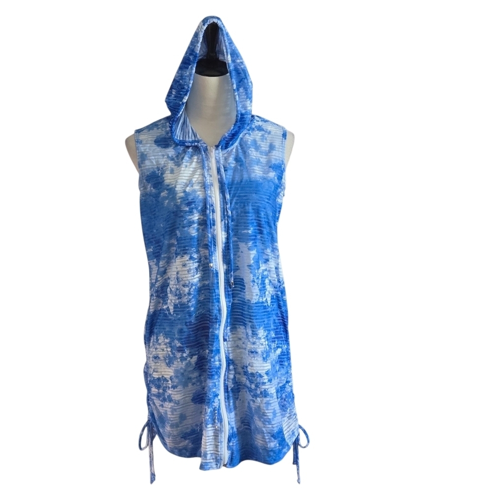 J Valdi Sleeveless Hooded Swim Cover Up Blue & White Full Zip Women size S